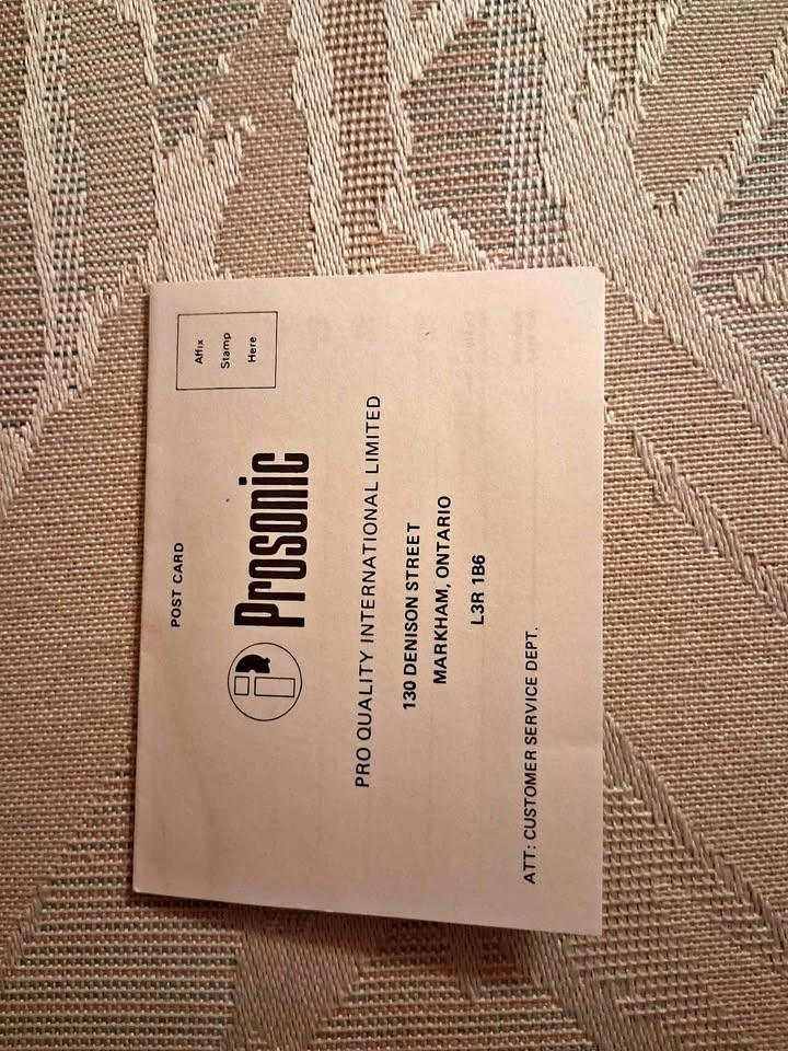 Vintage Prosonic Warranty Card - 1984 Collectible Documentation
