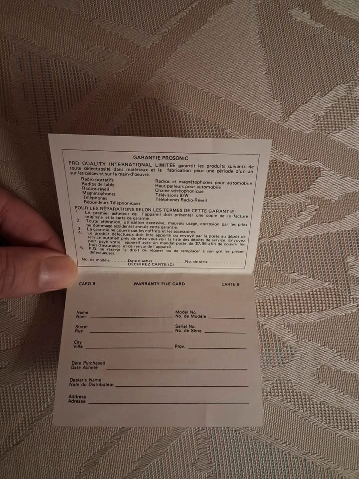 Vintage Prosonic Warranty Card - 1984 Collectible Documentation - photo 2