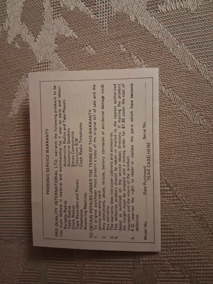 Vintage Prosonic Warranty Card - 1984 Collectible Documentation - photo 3