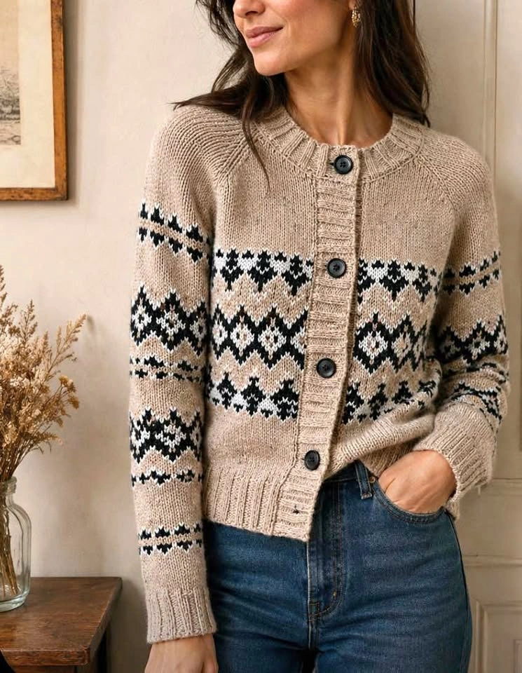 English Factory Fair isle cardigan, wide sleeves, oatmeal, S
