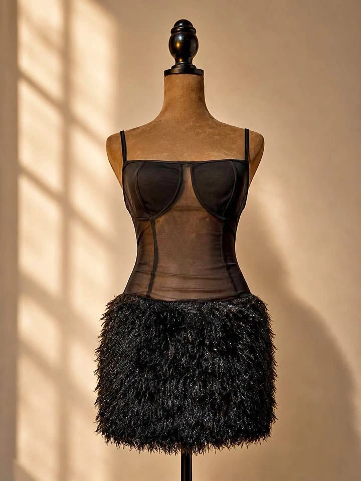 Black Mesh Corset Faux Feather Mini Dress
