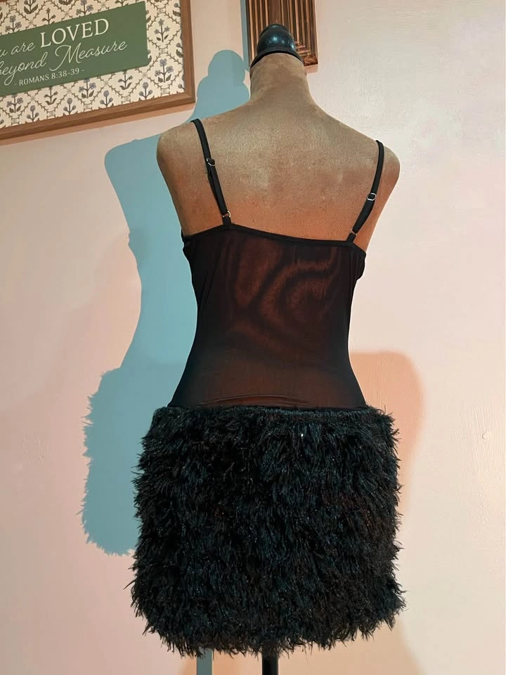 Black Mesh Corset Faux Feather Mini Dress - photo 2