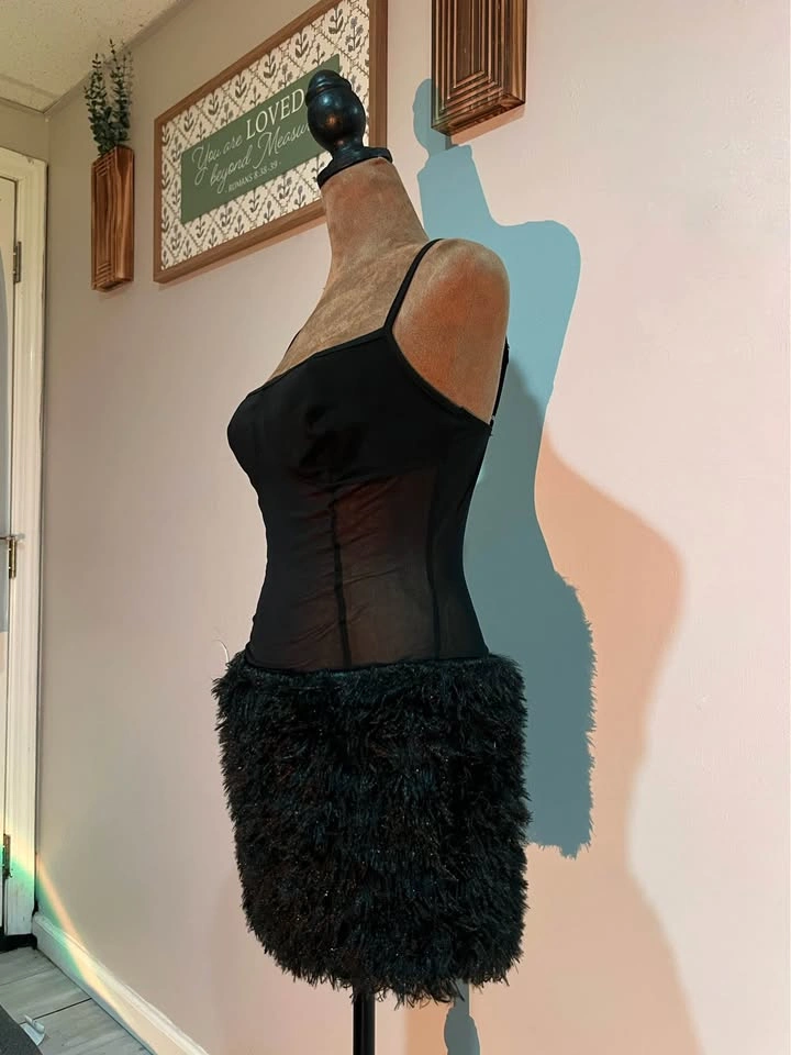 Black Mesh Corset Faux Feather Mini Dress - photo 3