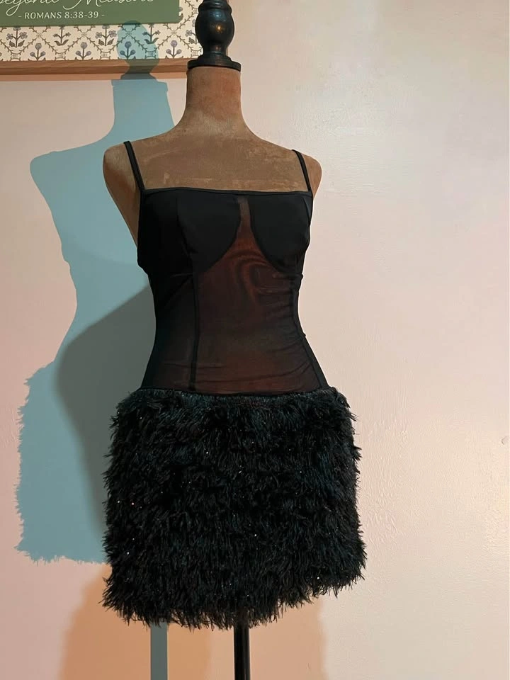 Black Mesh Corset Faux Feather Mini Dress - photo 4