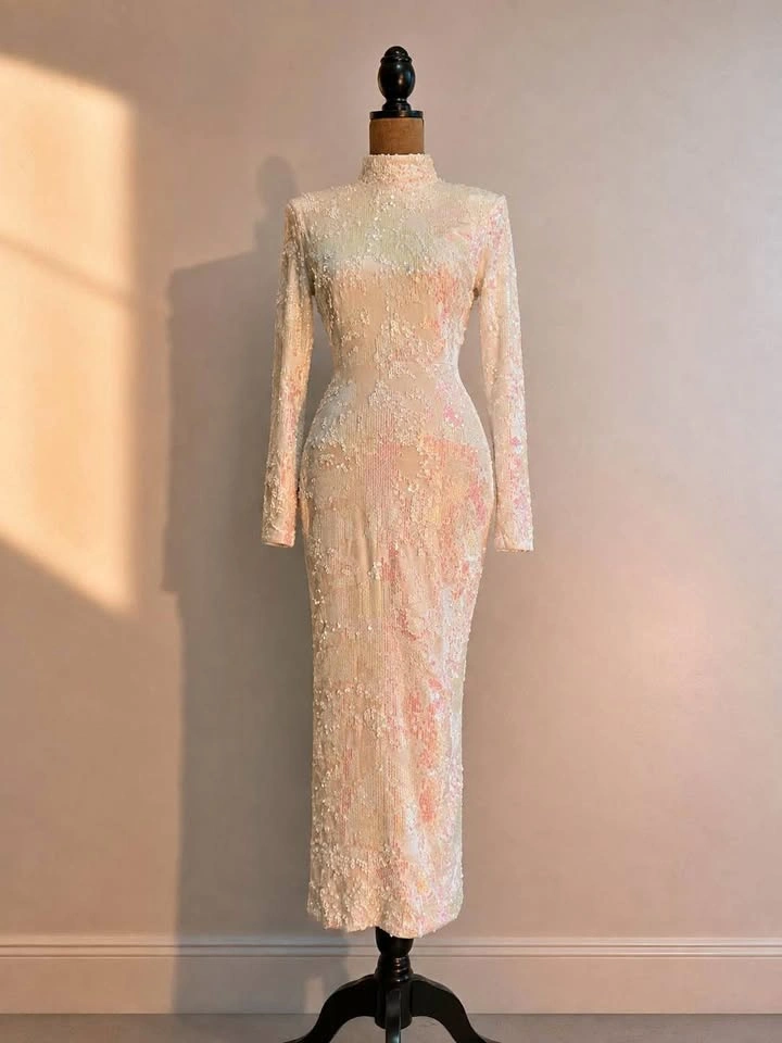 Iridescent Sequin Long Sleeve Cutout Maxi Dress
