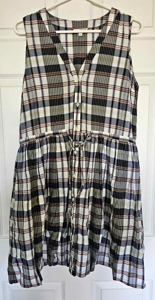 GAP 100% Cotton Plaid Sleeveless V-Neck Drawstring Shirt Dress