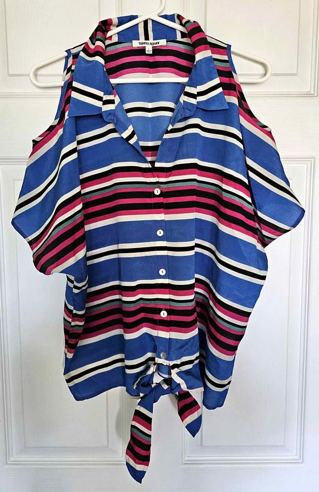 Daniel Rainn Cold-Shoulder Tie-Front Striped Blouse - Size Large