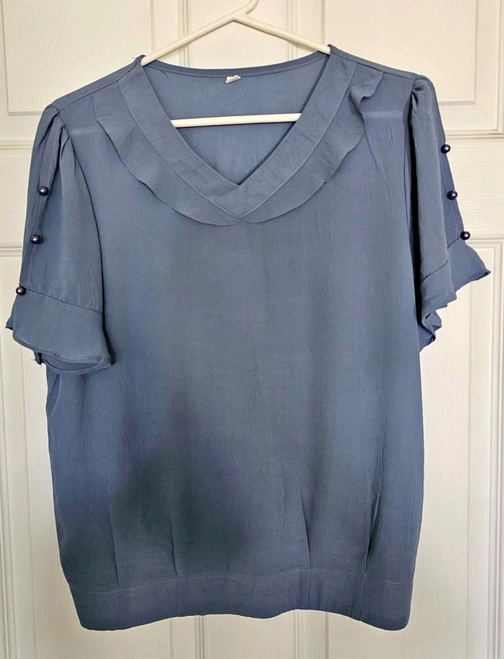 Brand New Dusty Blue Ruffle V-Neck Pearl-Accent Blouse - M