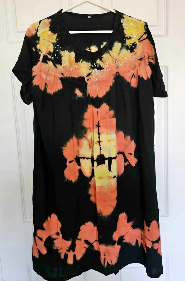 Boho Tie-Dye Sequin Embellished Short Sleeve Dress - Size Large