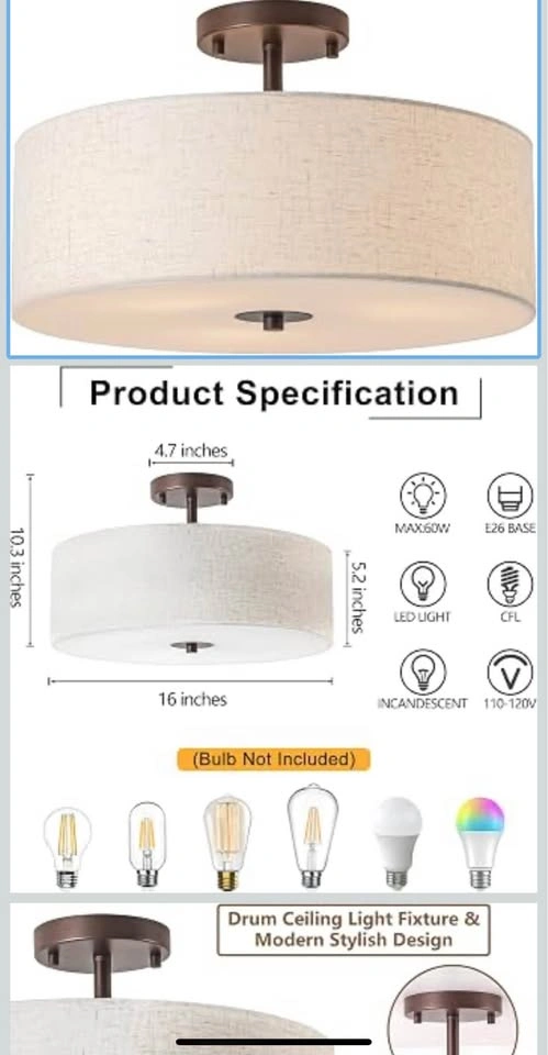 16-Inch Modern Drum Semi-Flush Mount Ceiling Light - photo 4