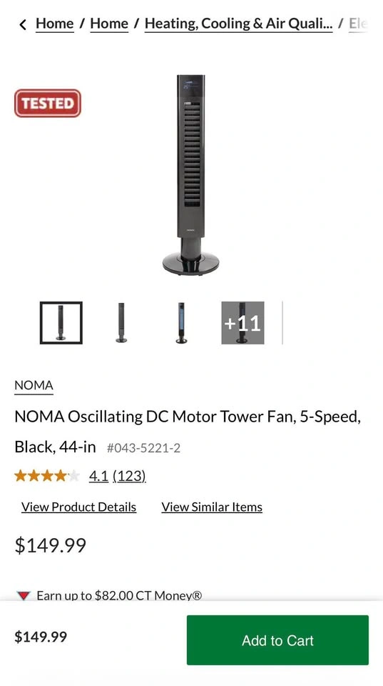 NOMA Oscillating DC Motor Tower Fan, 5-Speed, Black - photo 5