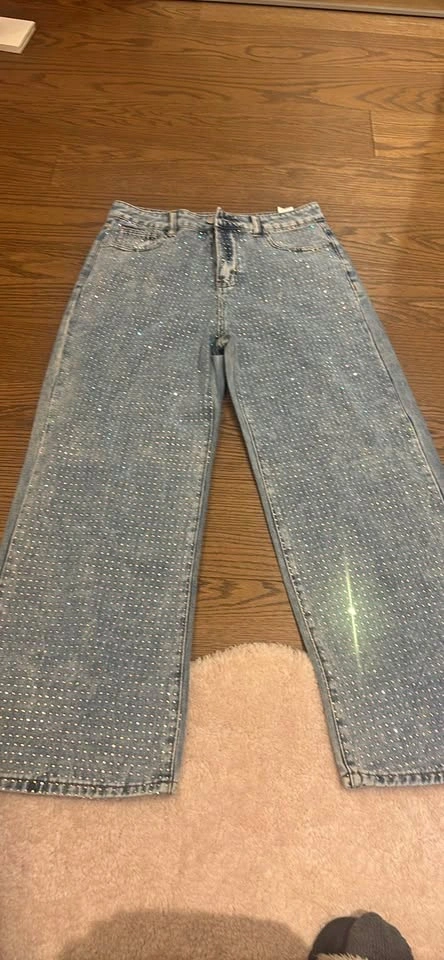Rhinestone Embellished Light Wash Wide Leg Jeans Size 30