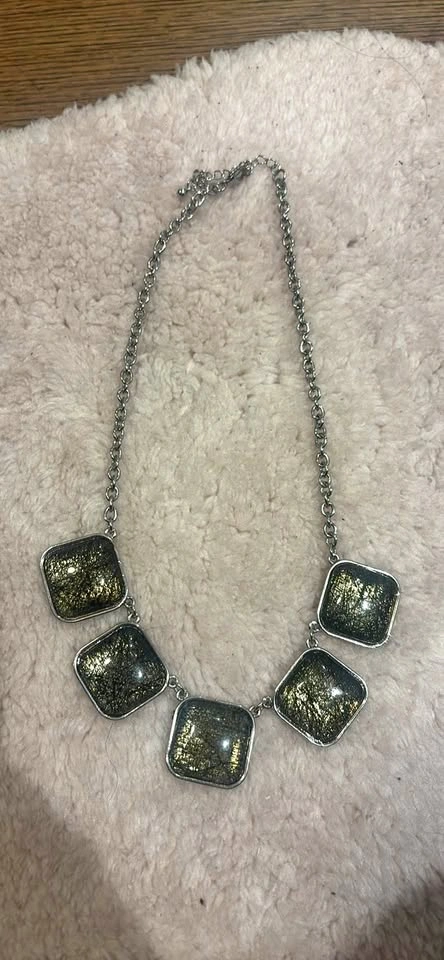 Silver-Tone Necklace with Black and Gold Square Pendants