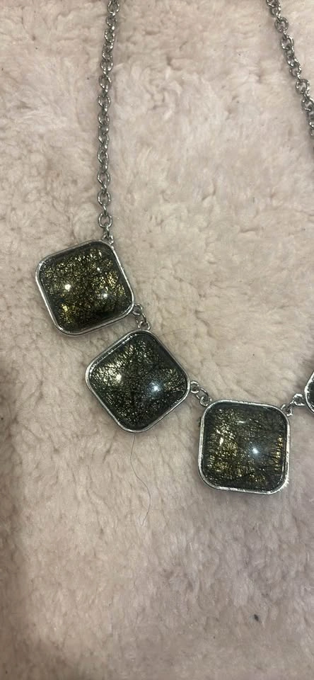 Silver-Tone Necklace with Black and Gold Square Pendants - photo 2