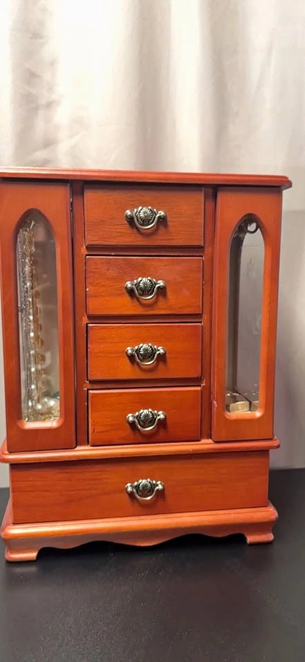 Wooden Jewelry Box with Drawers and Glass Doors