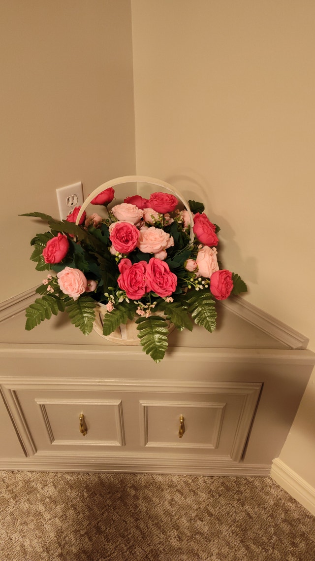 Silk flower peonies in white basket