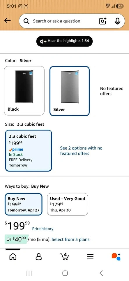 Midea 3.3 Cu.ft Compact Mini Fridge with Internal Light