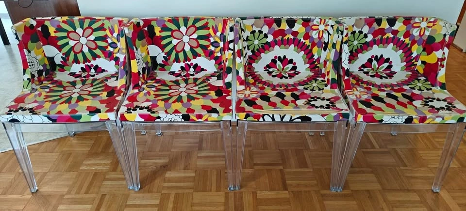 Flower Printed Upholstered Dining Chairs (Clear Legs) – Set of 4
