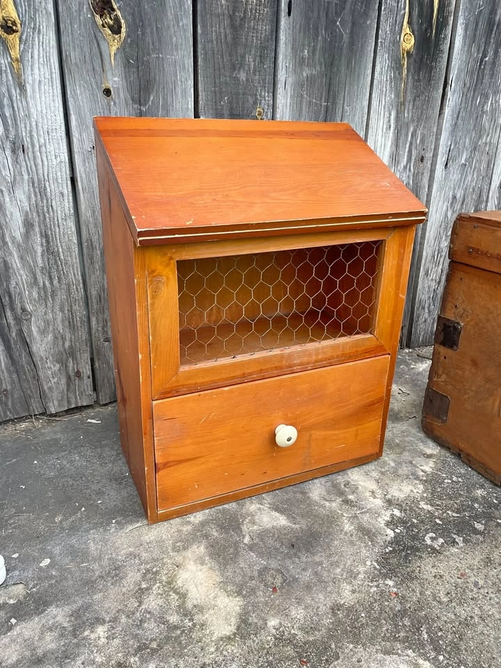 Antique Wooden Bread Box / Rustic Hutch with Wire Mesh