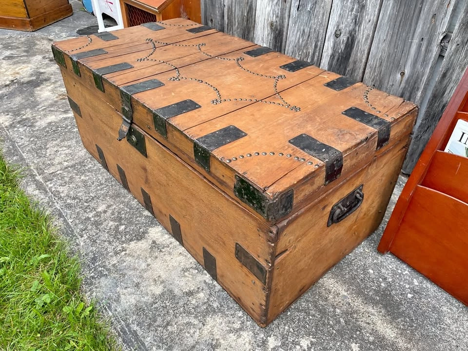 Large Antique Studded Wood and Iron Trunk - Pirate/Colonial