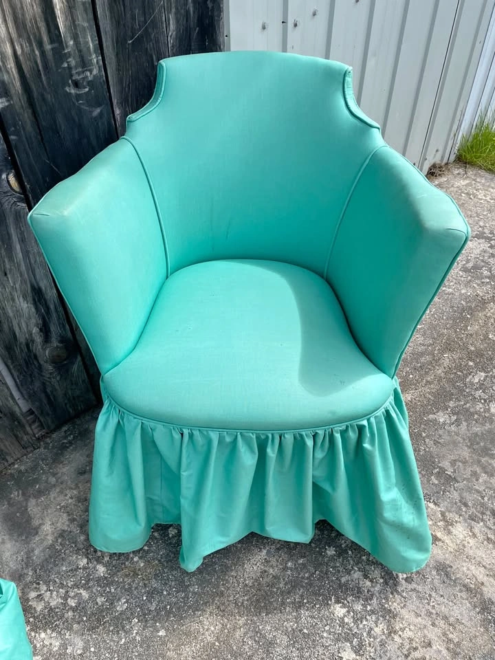 Pair of Mid-Century Vintage Turquoise Vinyl Skirted Chairs