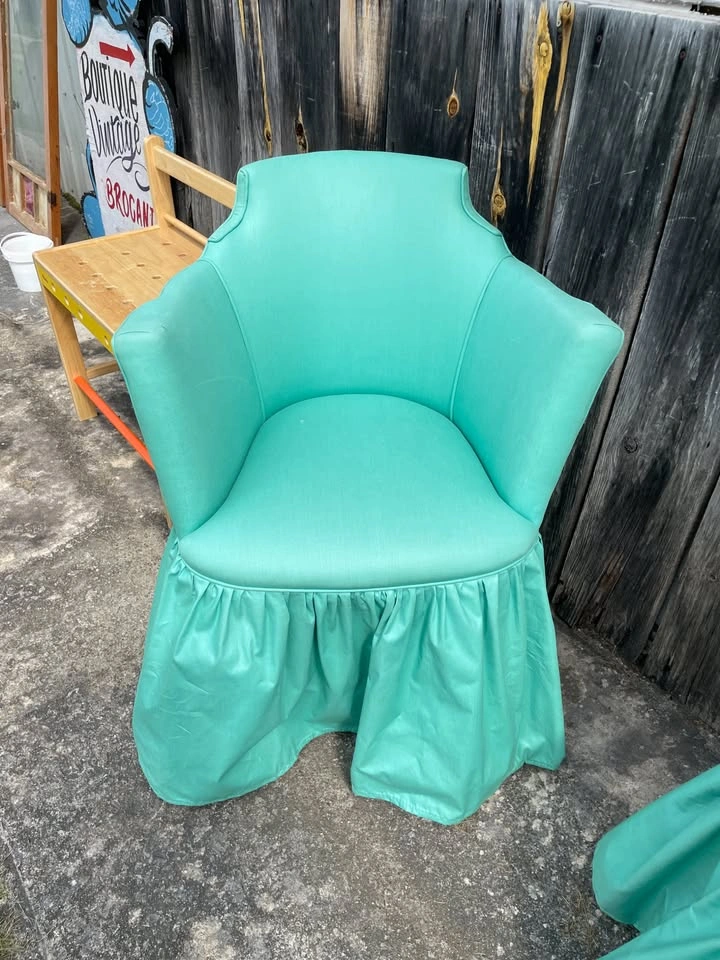 Pair of Mid-Century Vintage Turquoise Vinyl Skirted Chairs - photo 2