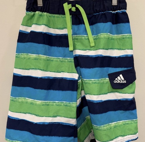 ADIDAS Boys Green And Blue Striped Swim Trunks Size Large 14/16