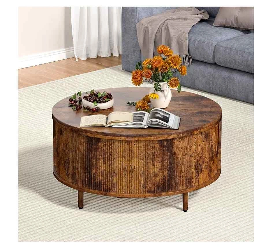 Round Coffee Table, 31.5" Fluted Center Table with Storage
