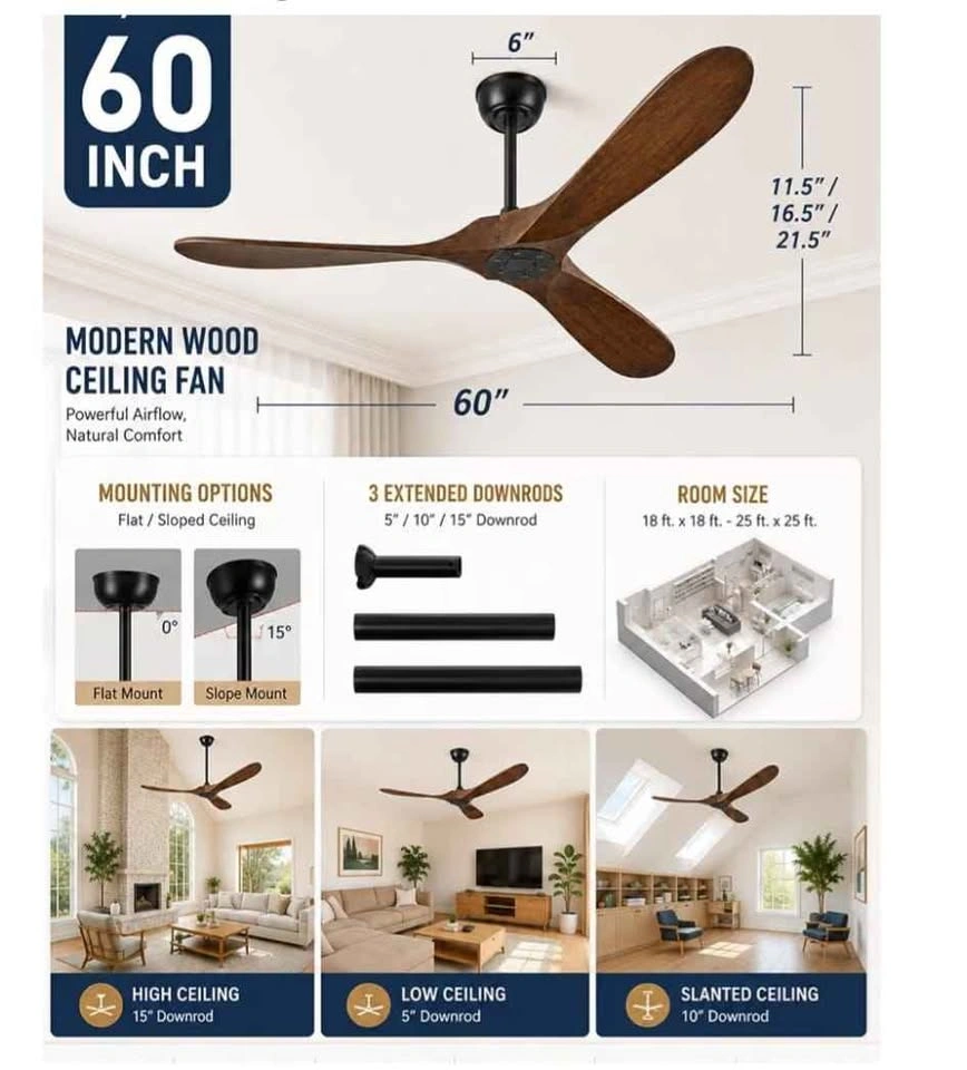 60-Inch Modern Wood Ceiling Fan with Remote - photo 4