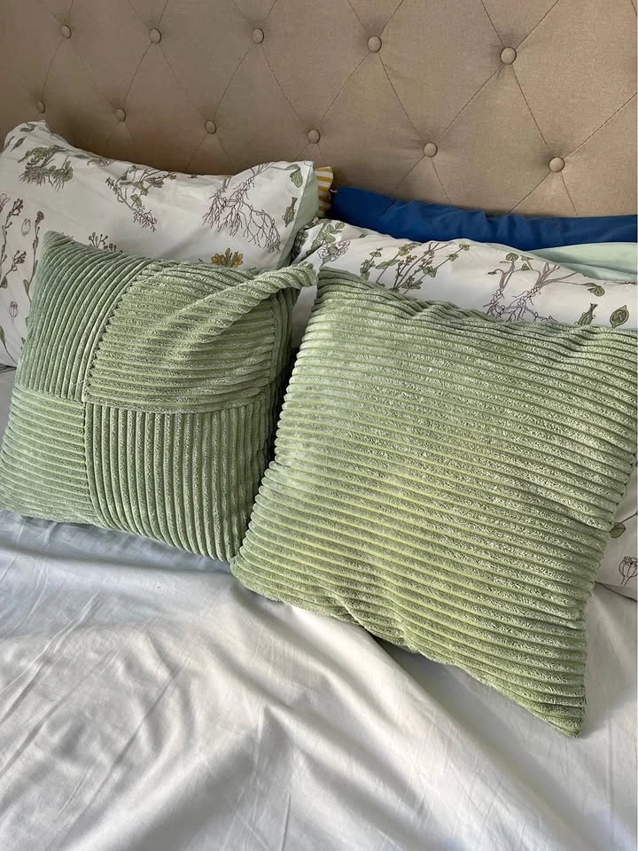2 x Green corduroy throw pillows