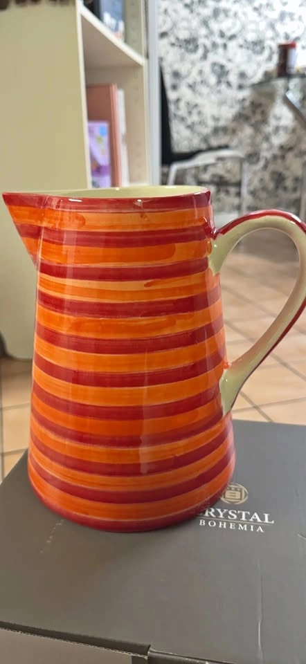 Orange Red Striped Ceramic Pitcher