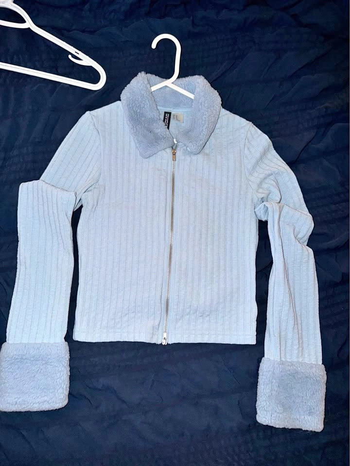 H&M Divided Faux Fur Trim Ribbed Zip-Up Cardigan