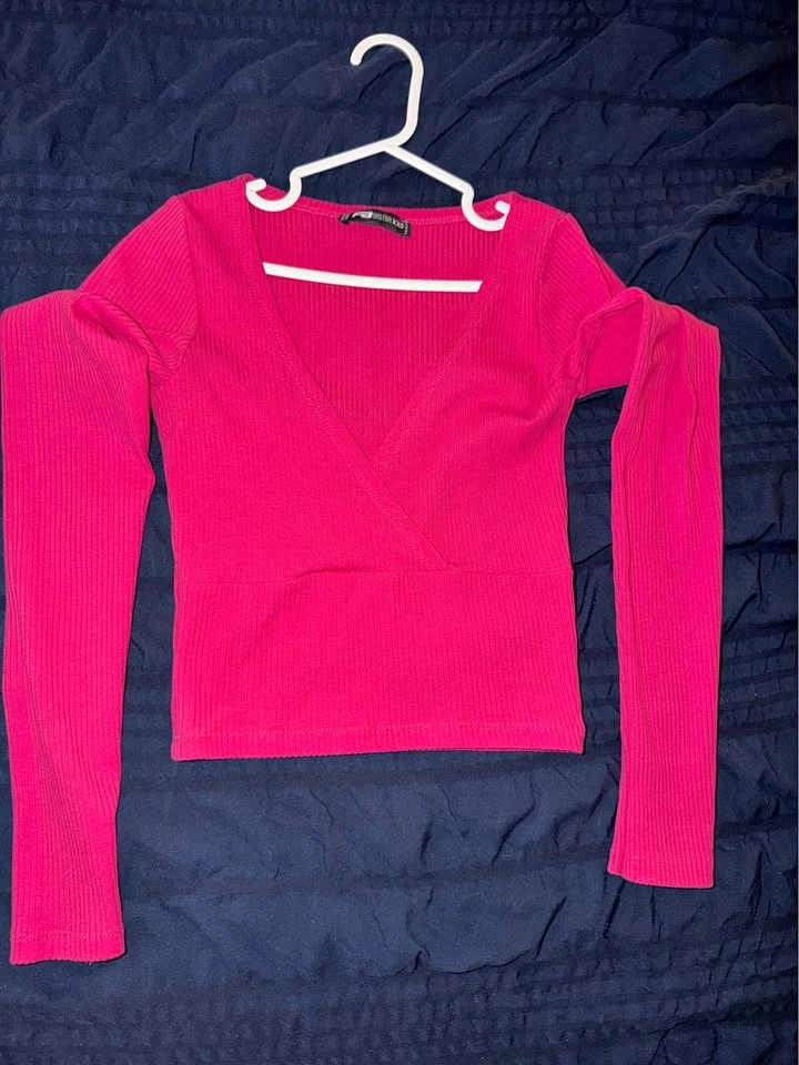FB Sister XXS Pink Ribbed Long Sleeve Wrap Top