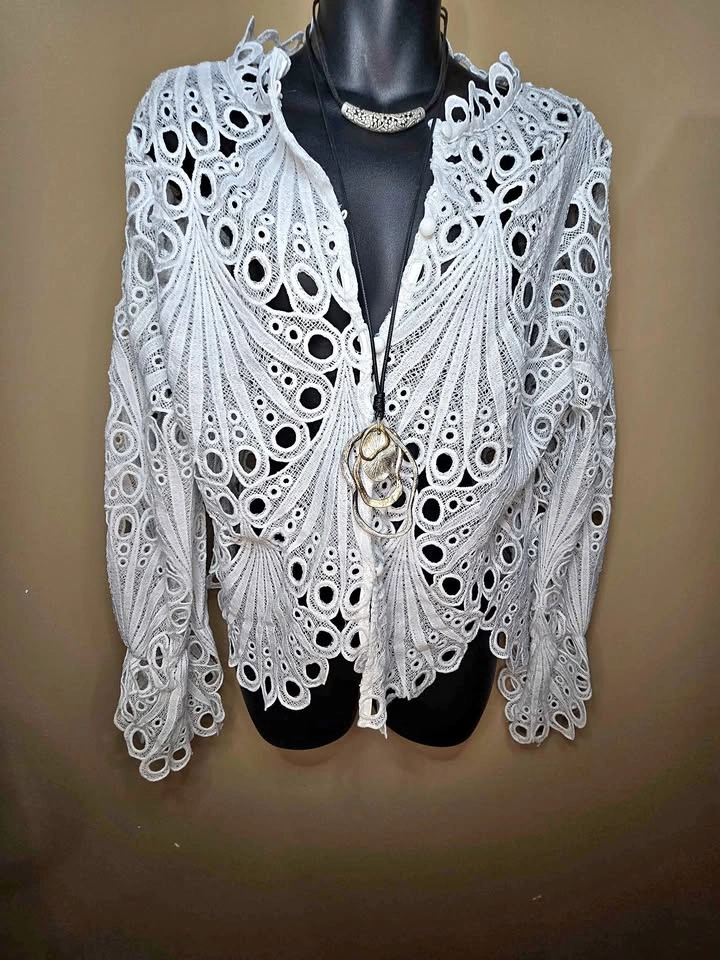 Elegant White Eyelet Lace Blouse Long Bell Sleeve Sheer Top
