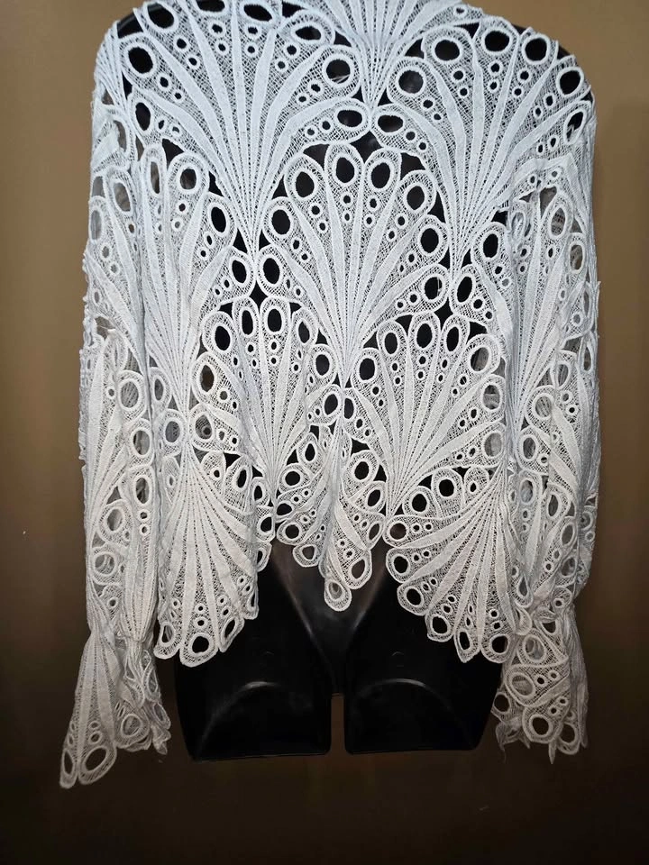 Elegant White Eyelet Lace Blouse Long Bell Sleeve Sheer Top - photo 2