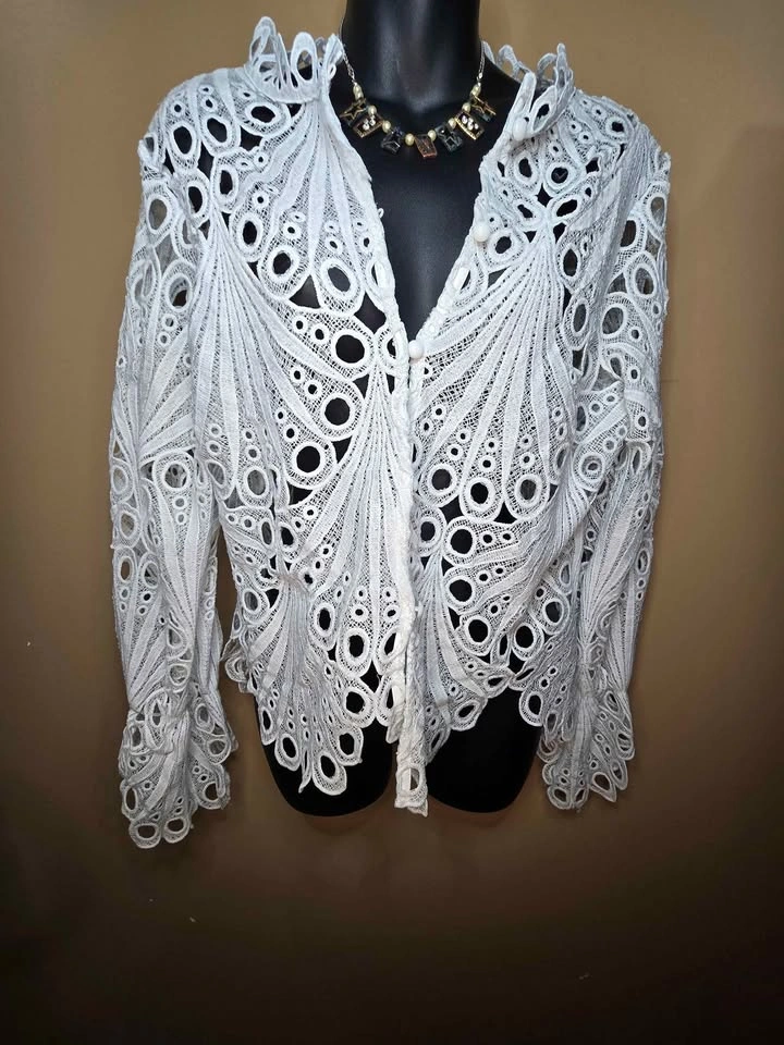 Elegant White Eyelet Lace Blouse Long Bell Sleeve Sheer Top - photo 3