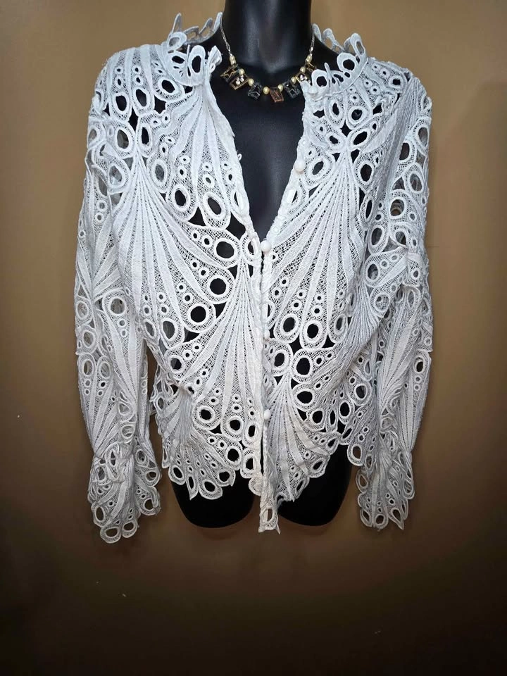 Elegant White Eyelet Lace Blouse Long Bell Sleeve Sheer Top - photo 4