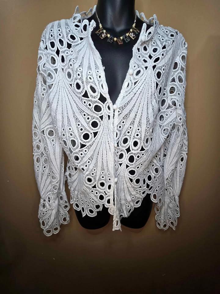 Elegant White Eyelet Lace Blouse Long Bell Sleeve Sheer Top - photo 5