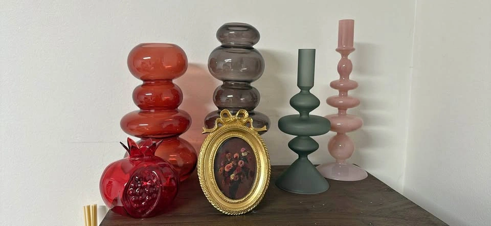 Assorted Glass Vases, Candle Holders, and Decorative Frame