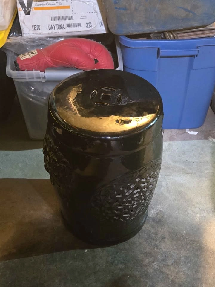 Glossy Black Ceramic Garden Stool - 18" H x 11" W - photo 3