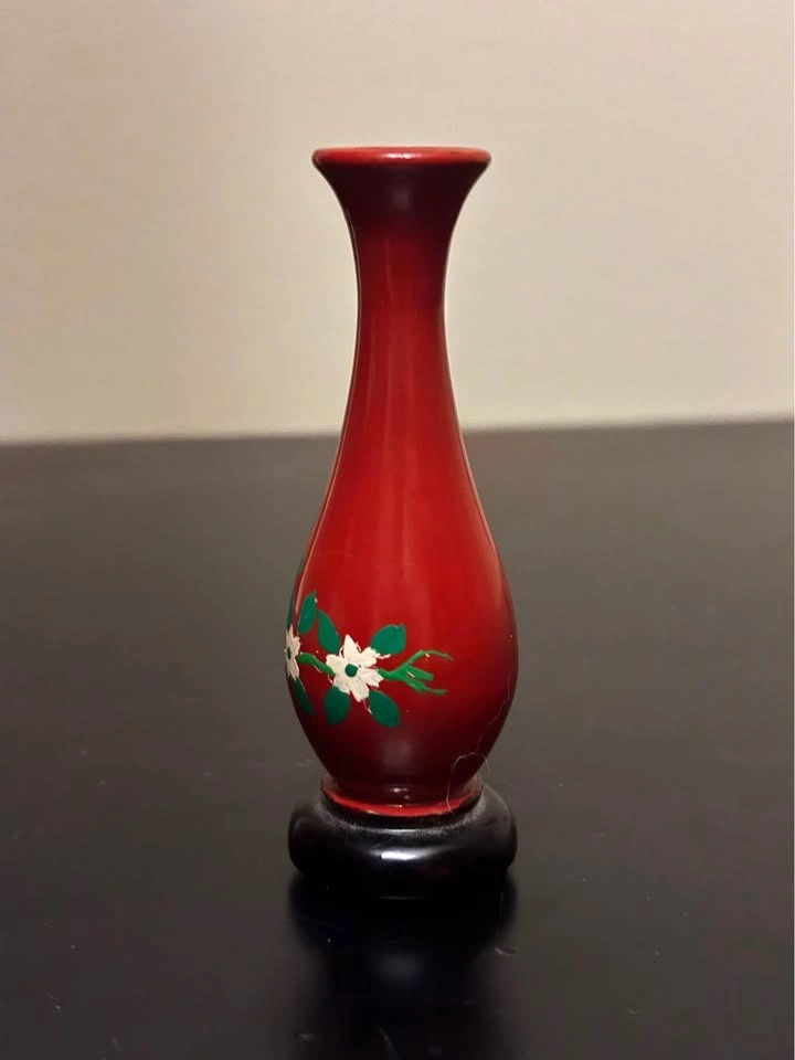 Vintage Asian Lacquerware Floral Miniature Vase with Stand - photo 2