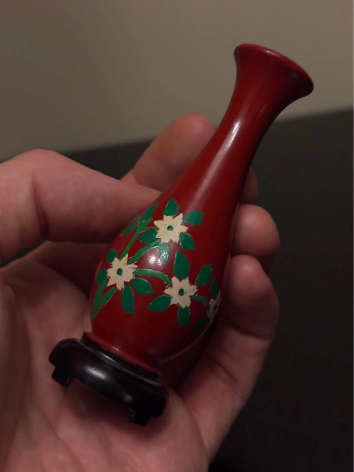 Vintage Asian Lacquerware Floral Miniature Vase with Stand - photo 3