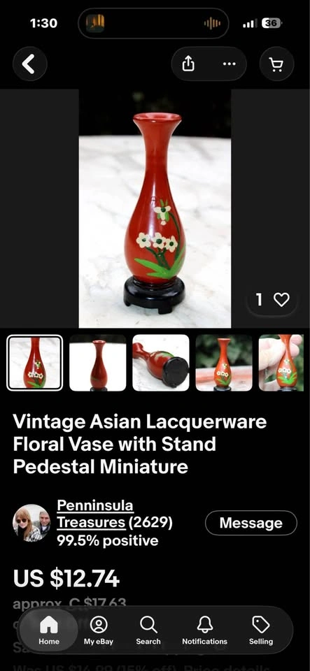 Vintage Asian Lacquerware Floral Miniature Vase with Stand - photo 4