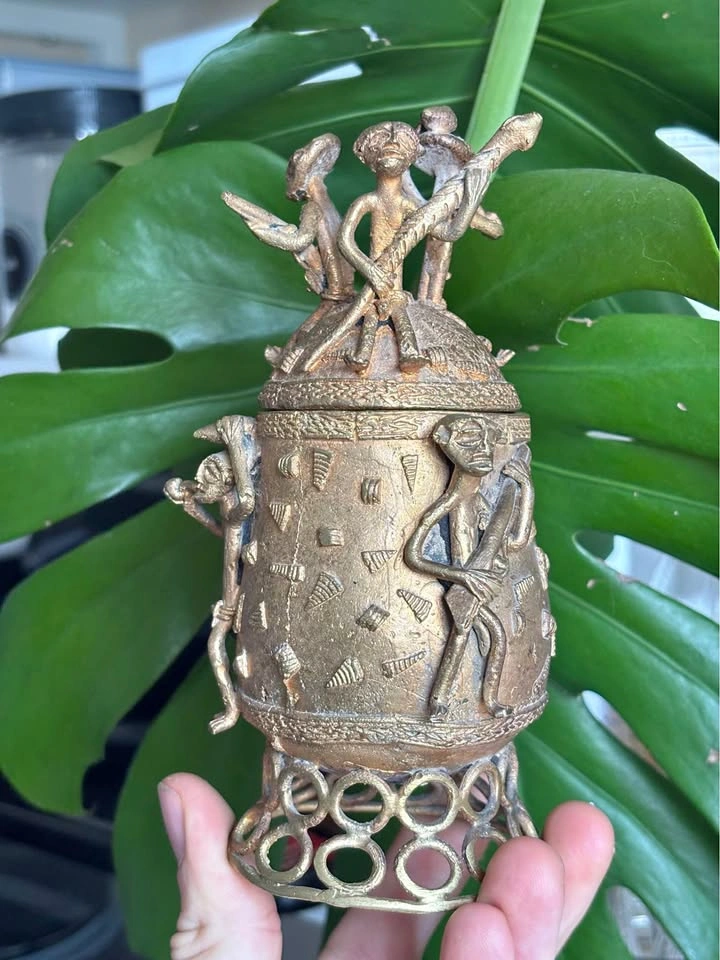 Vintage African Brass Kuduo Vessel with Figures mid century