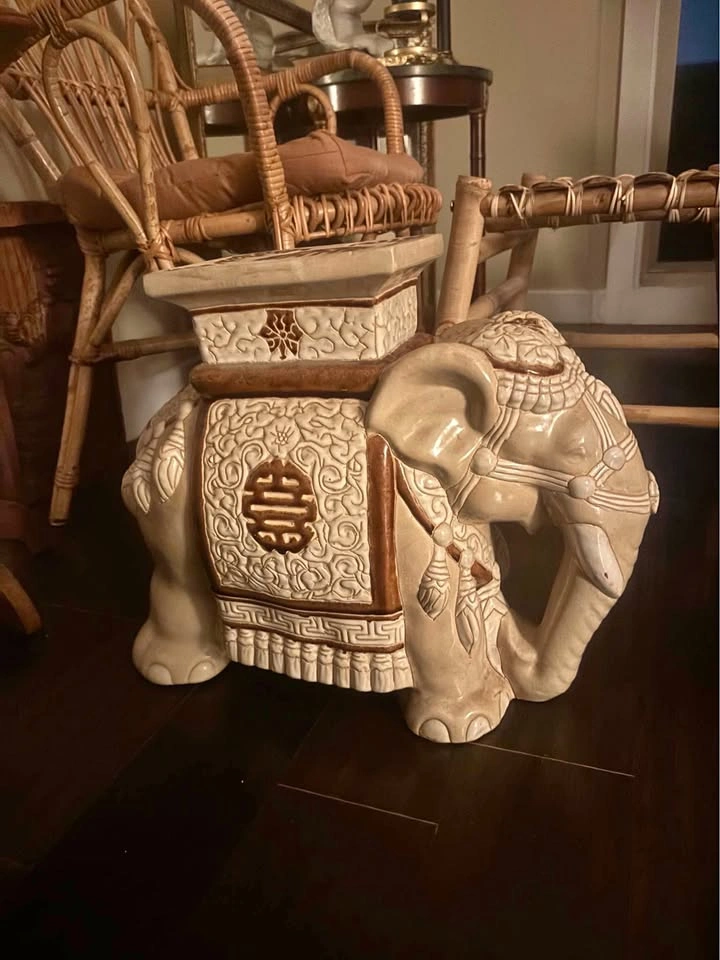 XL Vintage Ceramic Elephant Garden Stool / Plant Stand