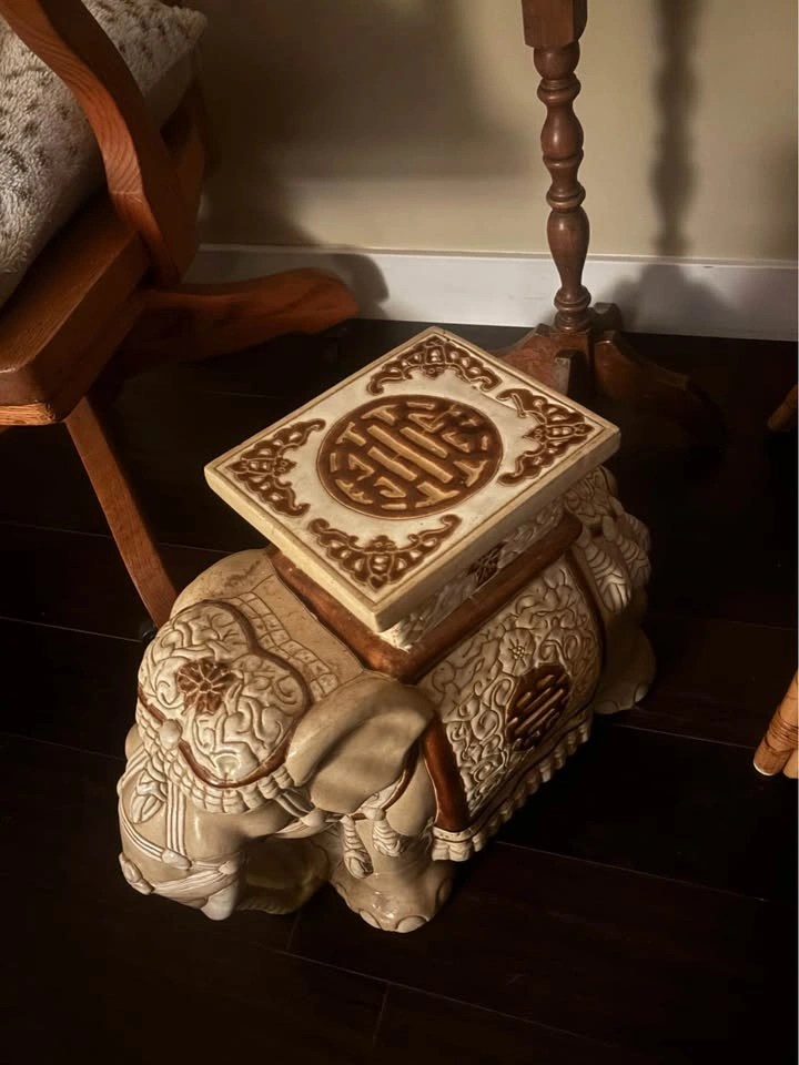 XL Vintage Ceramic Elephant Garden Stool / Plant Stand - photo 5