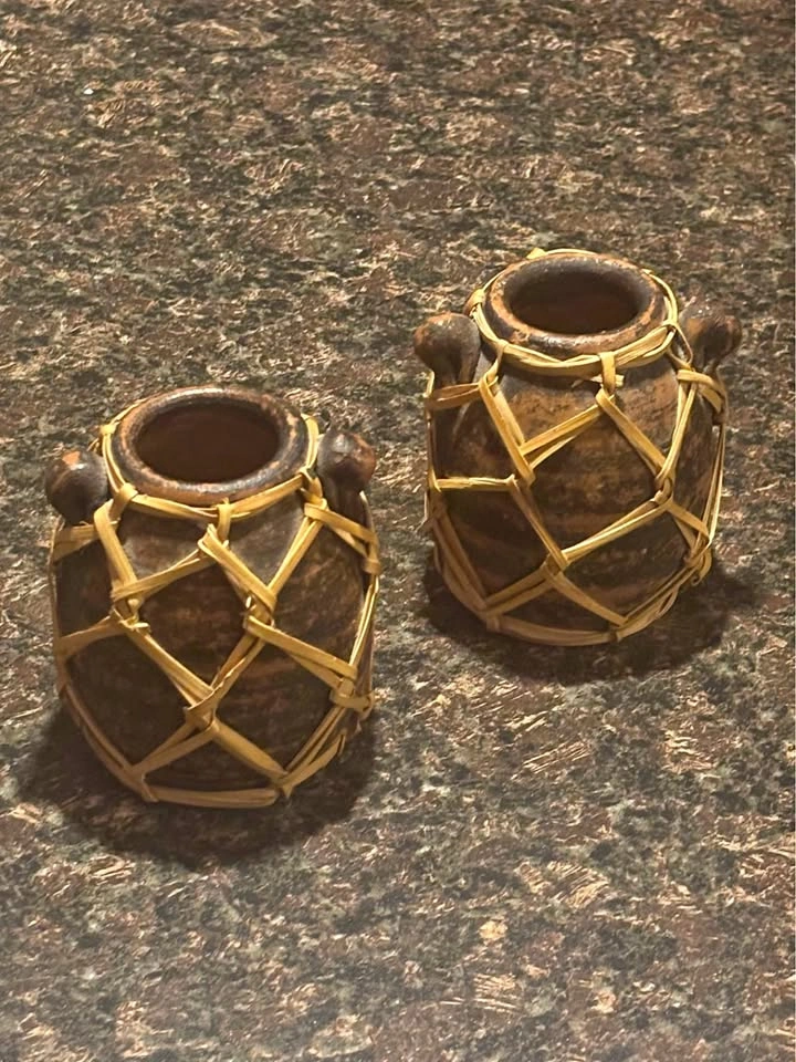 Pair of Rustic Pottery Jars with Woven Wicker Casing