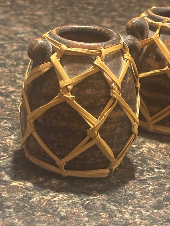 Pair of Rustic Pottery Jars with Woven Wicker Casing - photo 2