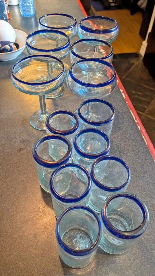 Mexican Hand Blown Glassware Cobalt Blue Rim