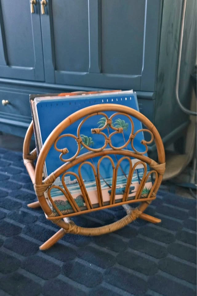 Vintage Rattan Magazine Rack / Vinyl Record Holder